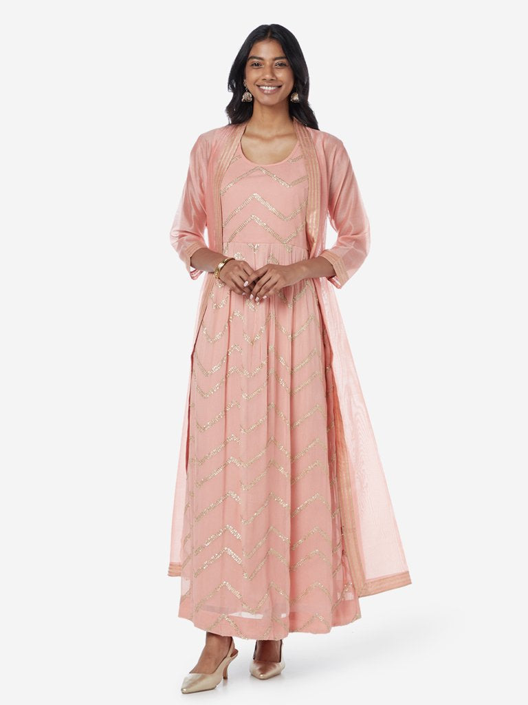 Vark Pink Chevron Pattern Maxi Dress With Jacket