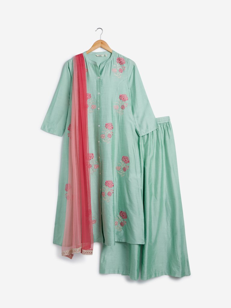 Vark Sea-Green A-line Kurta, Dupatta and Palazzo