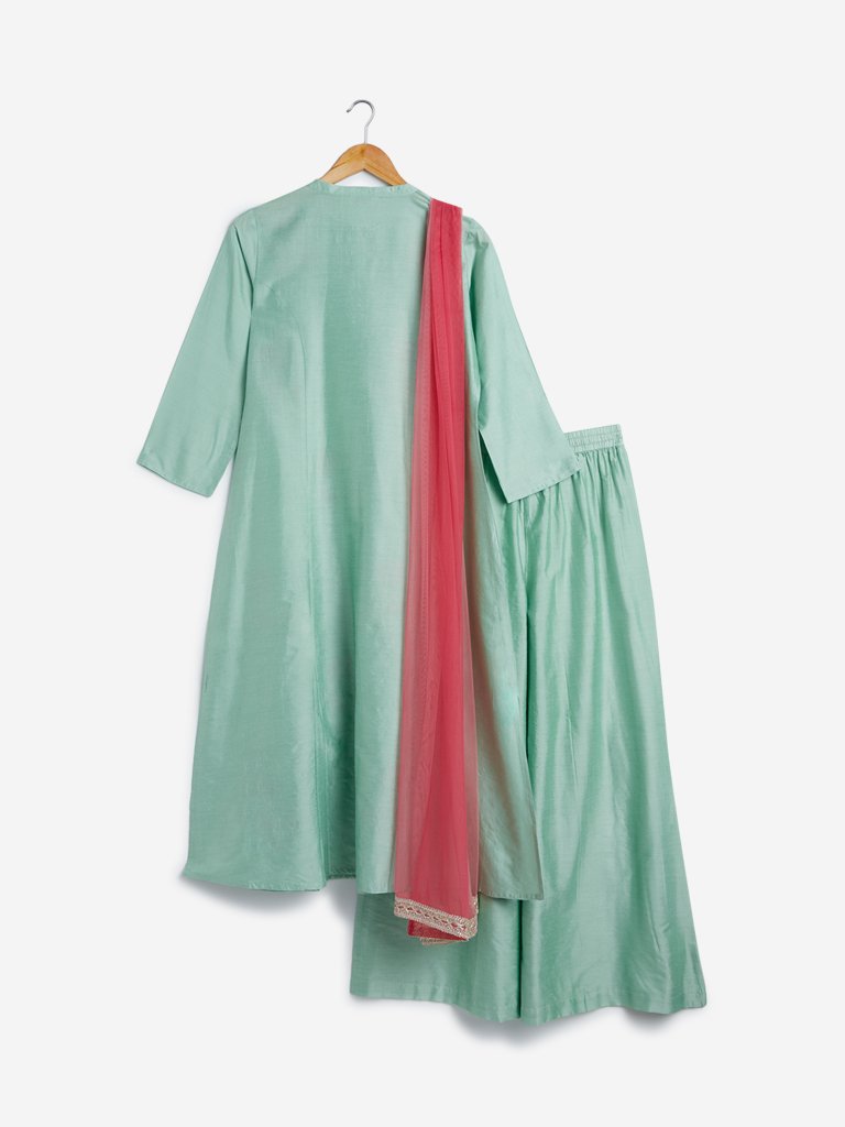Vark Sea-Green A-line Kurta, Dupatta and Palazzo