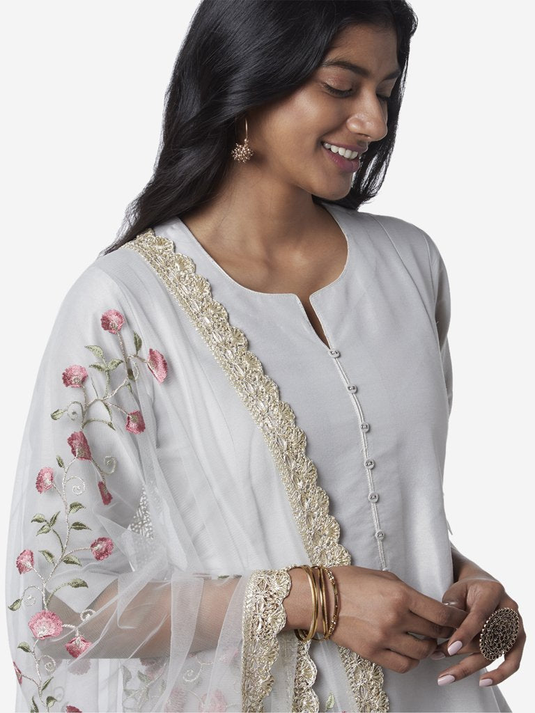 Vark Grey Anarkali Kurta, Palazzos And Dupatta