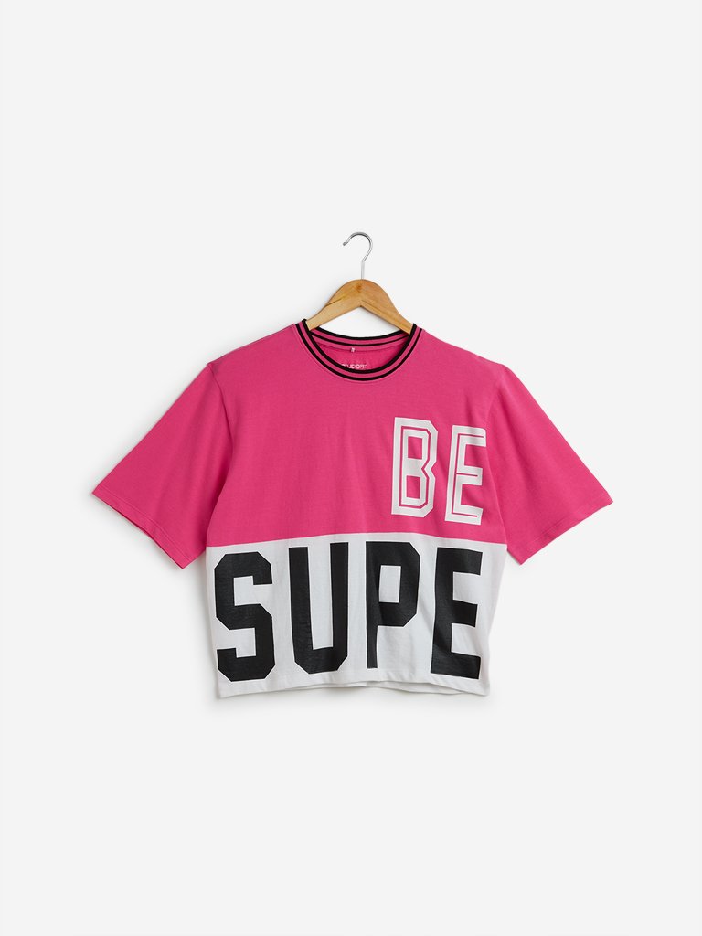 Studiofit Pink Colour-Blocked Cropped T-Shirt