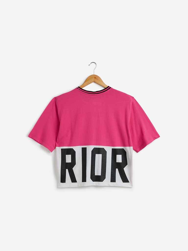Studiofit Pink Colour-Blocked Cropped T-Shirt