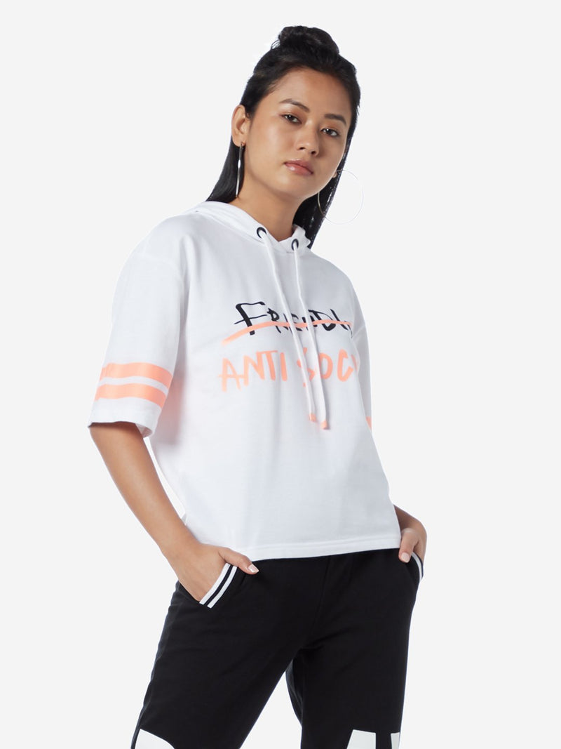 Studiofit White Typographic Print Hooded T-Shirt