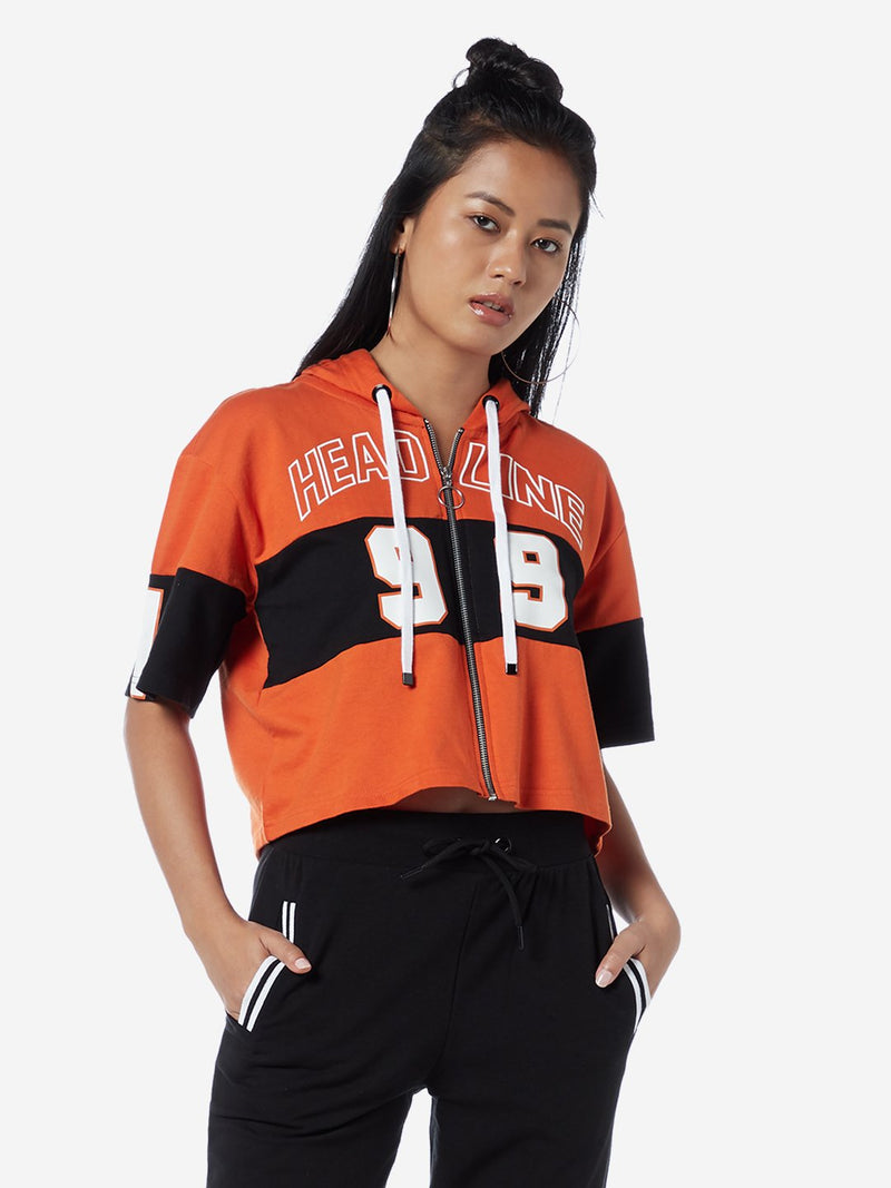 Studiofit Orange Hooded Text Pattern T-Shirt