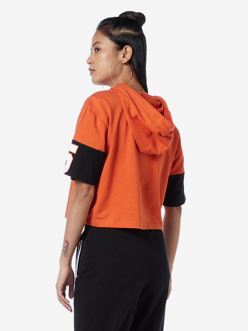 Studiofit Orange Hooded Text Pattern T-Shirt