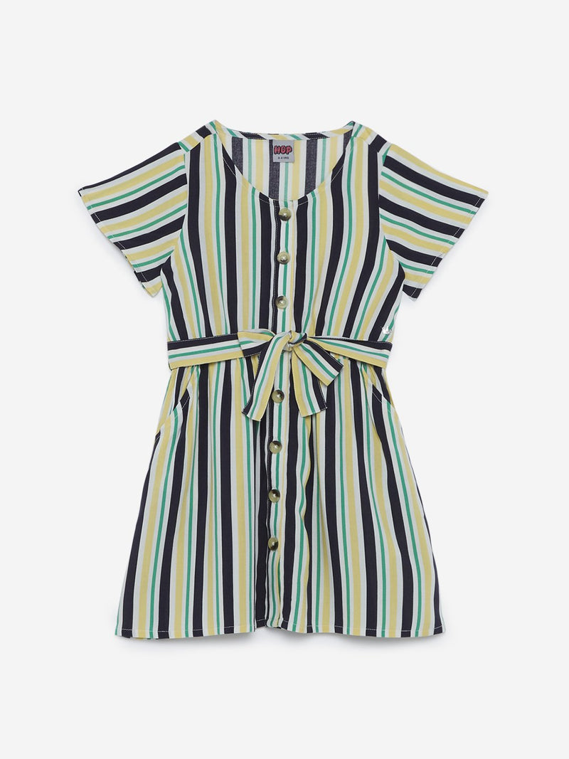 HOP Kids Green Striped Dress With Belt