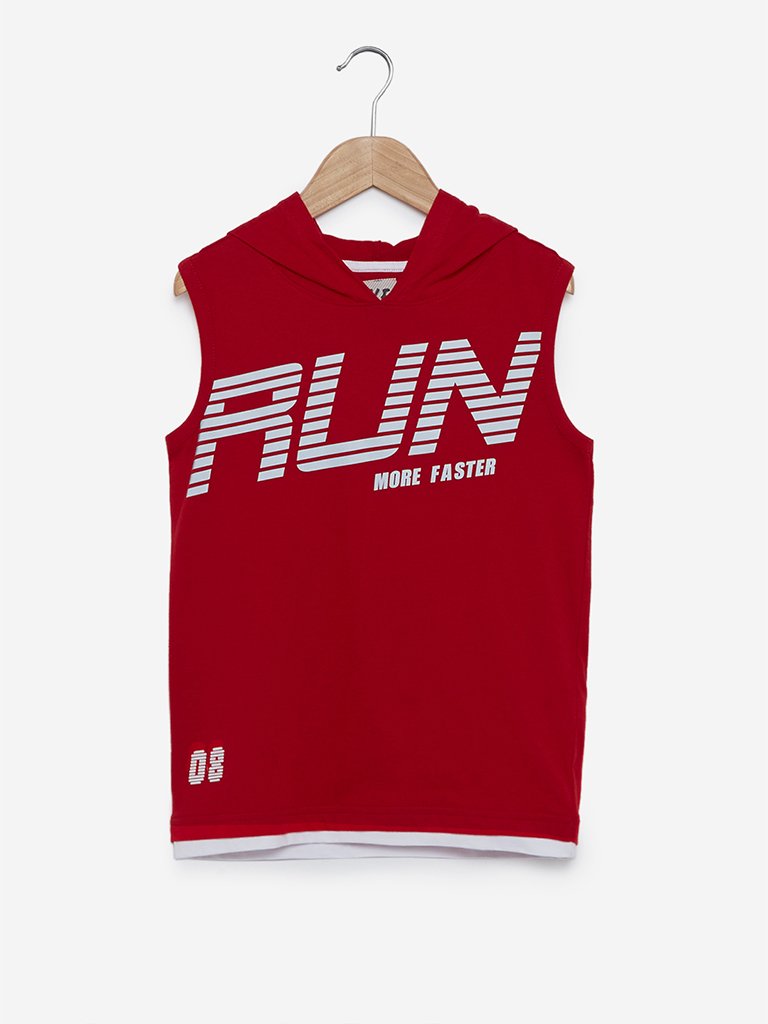 Y&F Kids Red Printed Hooded Tank T-Shirt