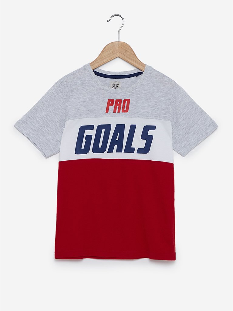 Y&F Kids Red Colour-Block Print T-Shirt