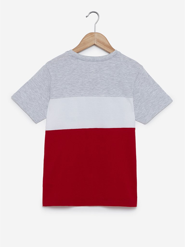 Y&F Kids Red Colour-Block Print T-Shirt