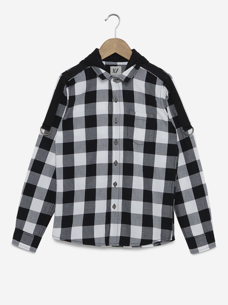 Y&F Kids Black Checkered Hooded Shirt