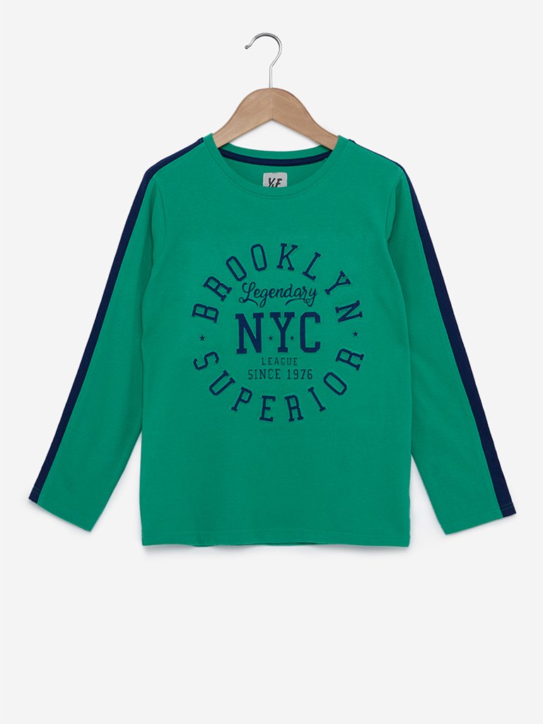 Y&F Kids Green Text Patterned T-Shirt