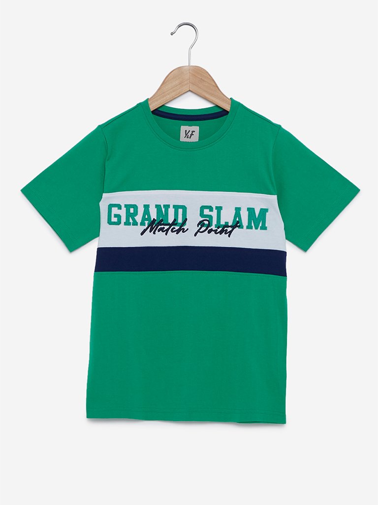 Y&F Kids Green Text Embroidered T-Shirt