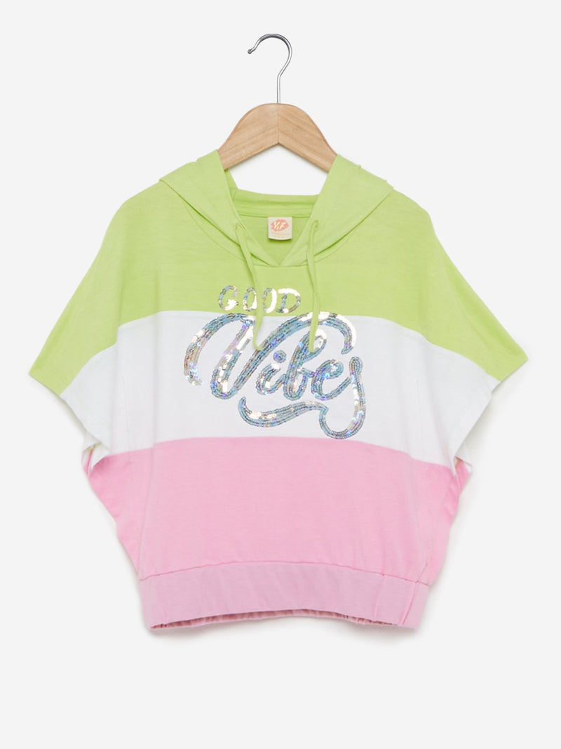 Y&F Kids Green Colour Block Hooded T-Shirt