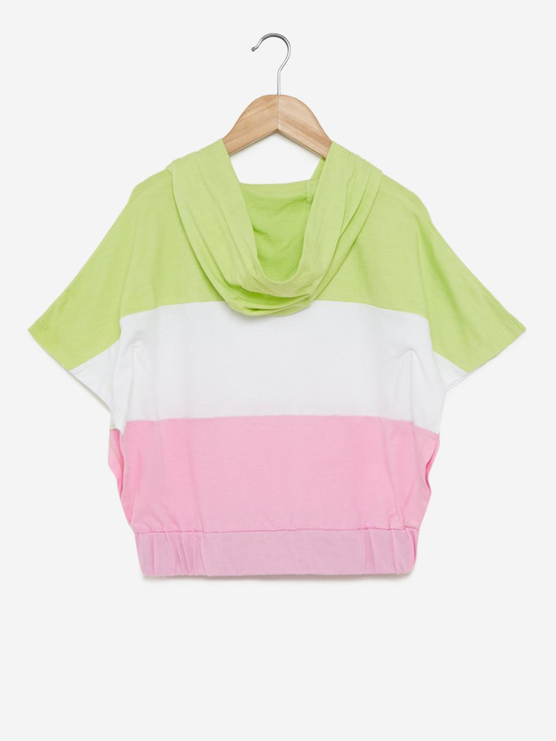 Y&F Kids Green Colour Block Hooded T-Shirt