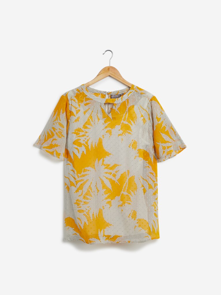 Gia Curves Ochre Leaf Printed Shyla Top