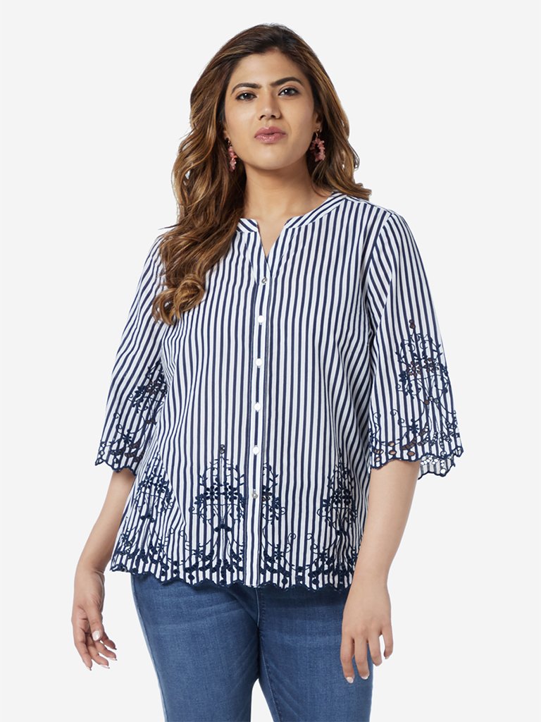 Gia Curve Navy Stripe Patterned Cotton Top