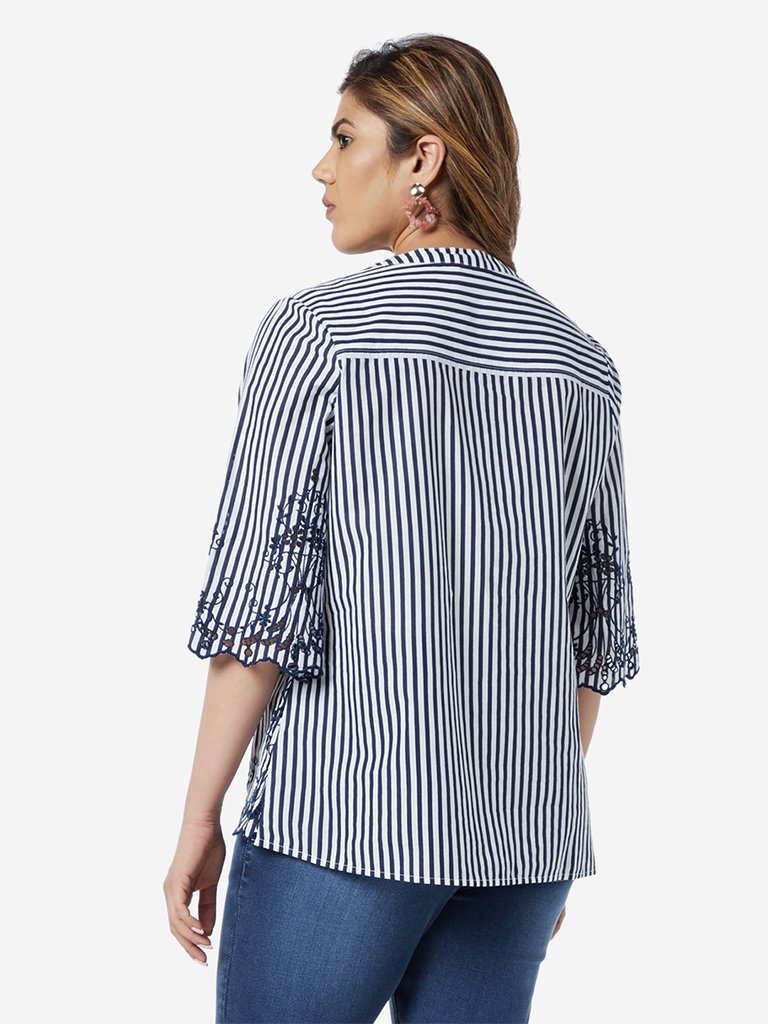 Gia Curve Navy Stripe Patterned Cotton Top