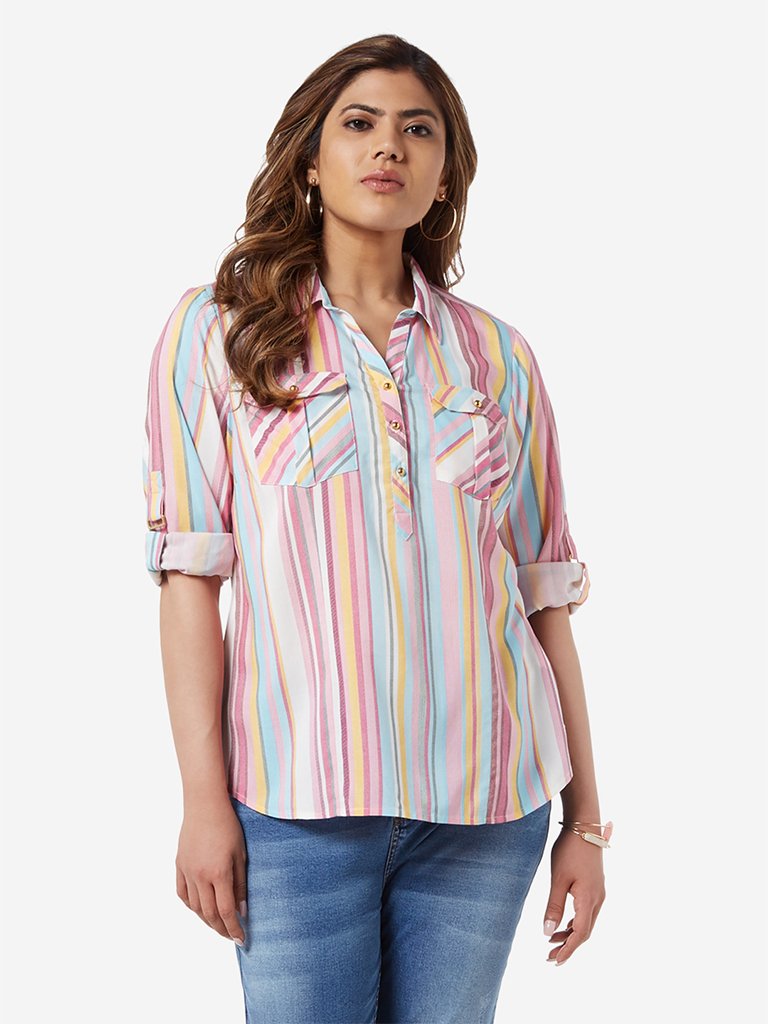 Gia Curve Light Pink Striped Casual Shirt