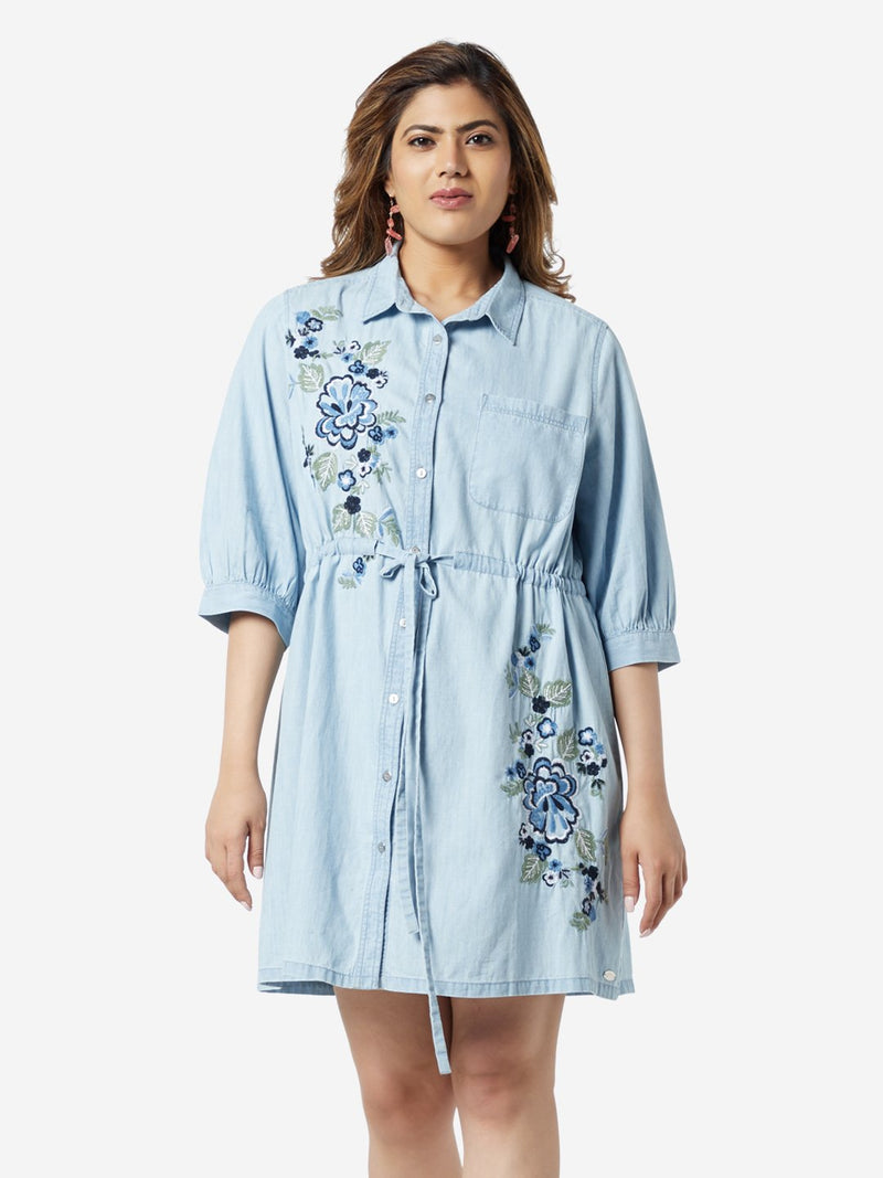 Gia Curve Light Blue Floral Pattern Shirtdress
