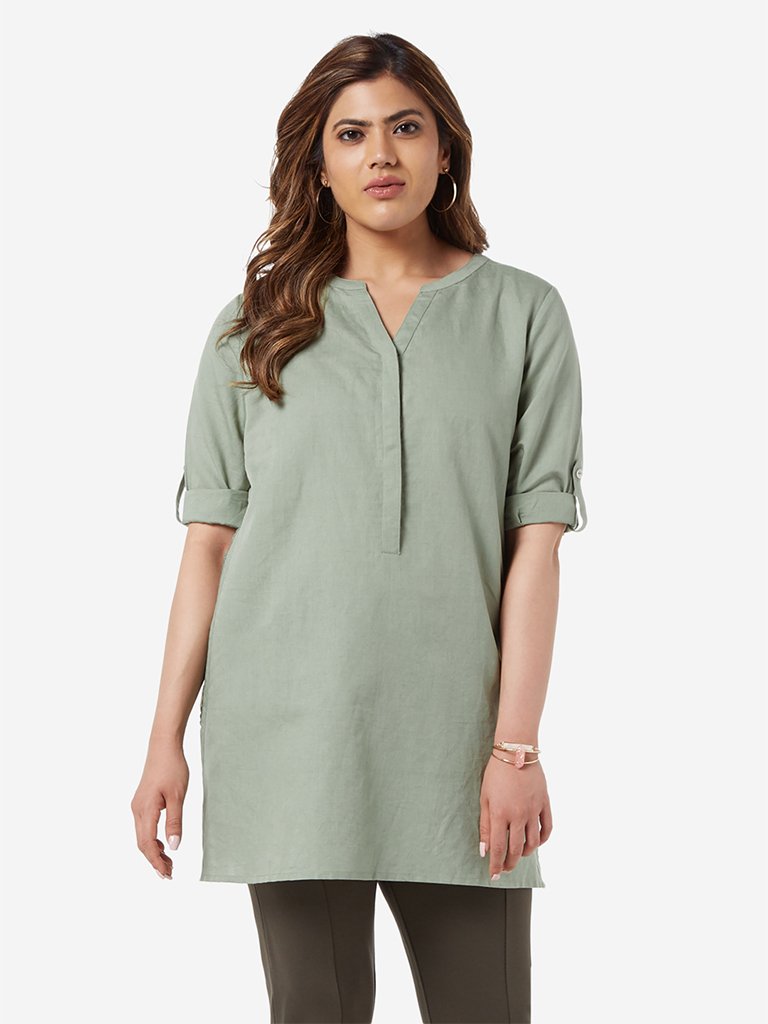 Gia Curve Sage Green Crochet Detailed Tunic