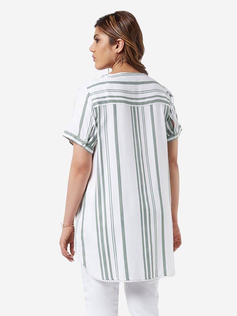 Gia Curve White Striped High-Low Tunic