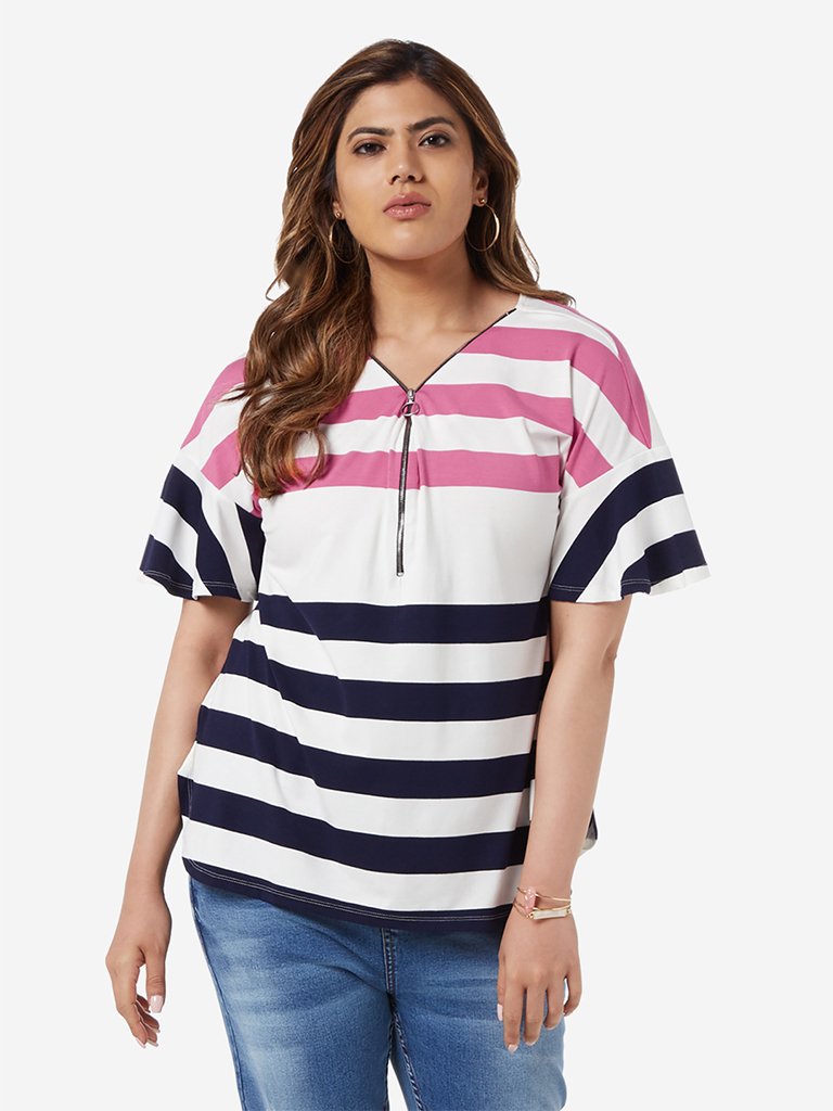 Gia Curve White Stripe Printed Ziggy Top