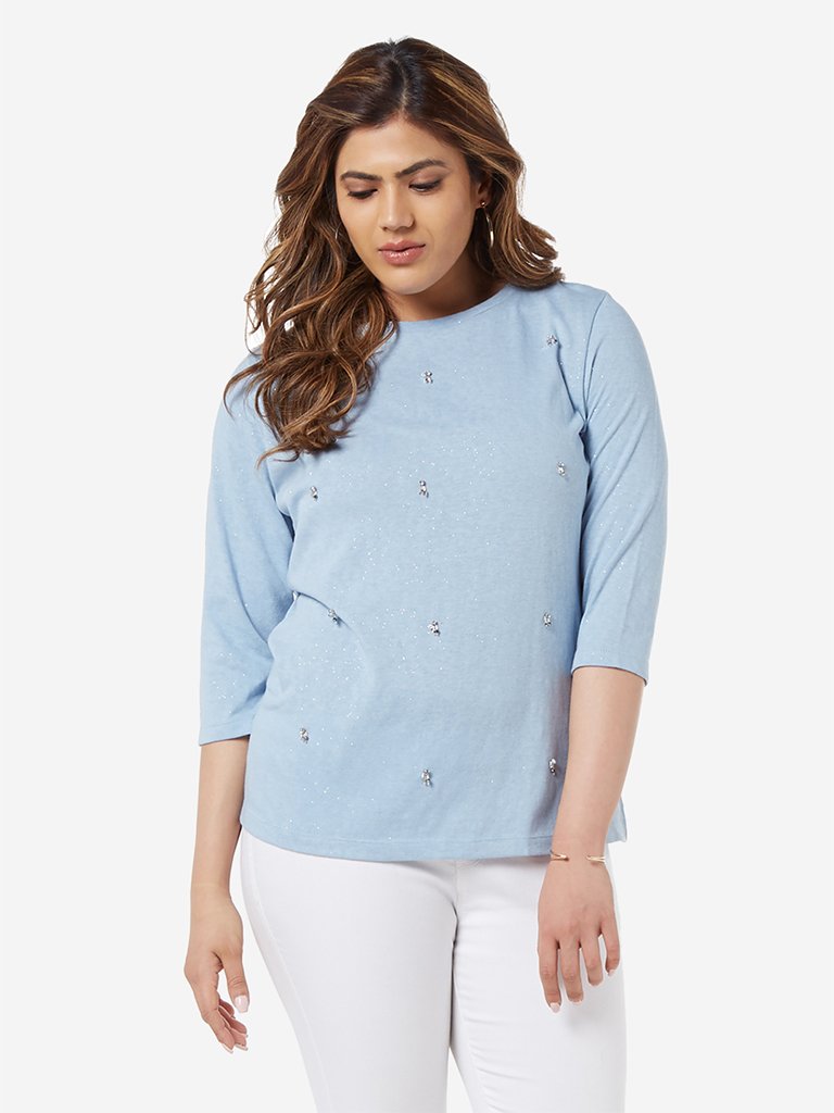 Gia Curve Light Blue Shimmer Detailed Joy Top