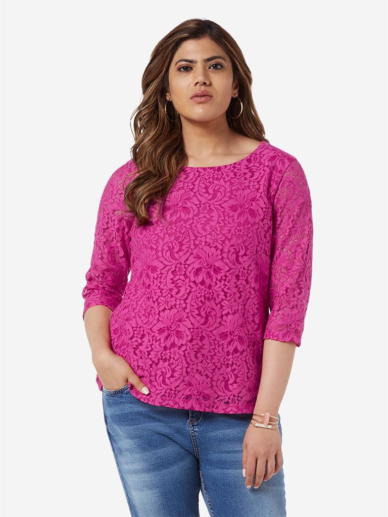 Gia Curve Fuchsia Flower Detailed Fiona Top