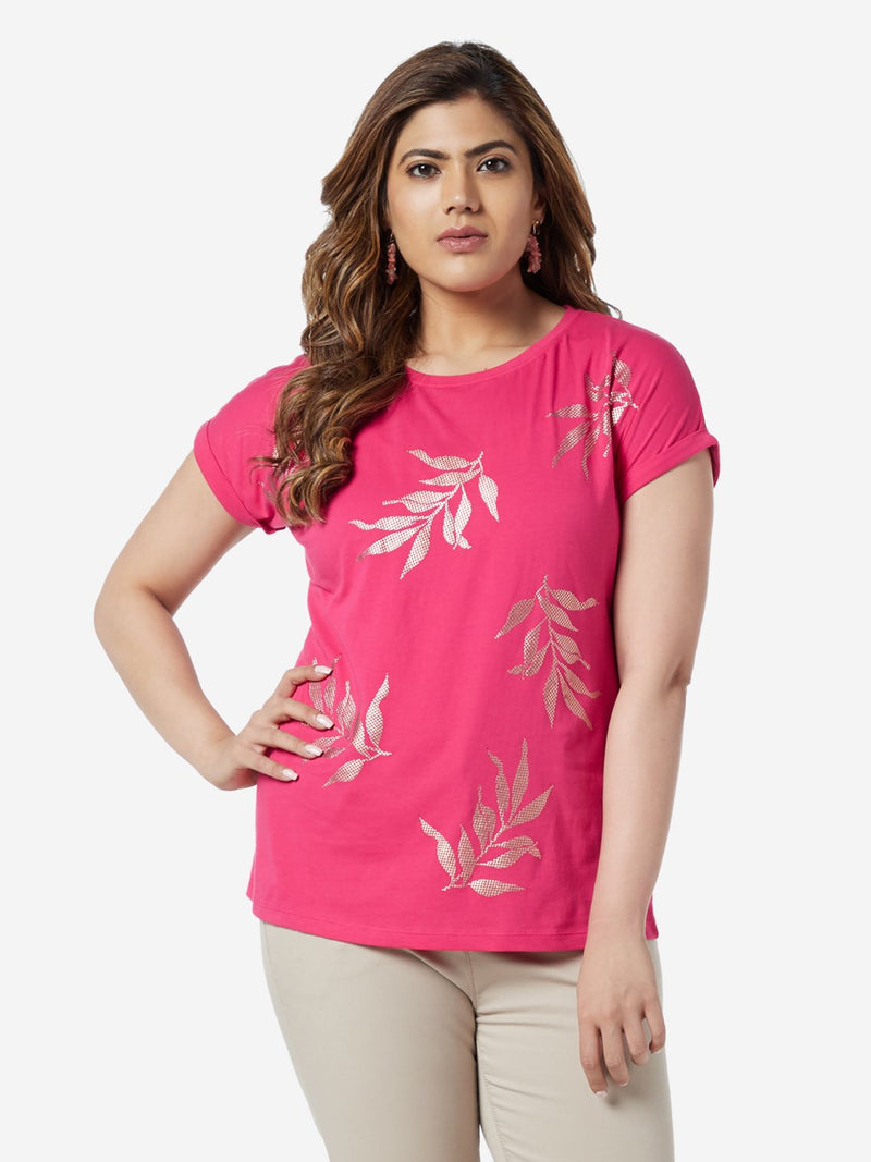 Gia Curve Pink Leaf Patterned T-Shirt