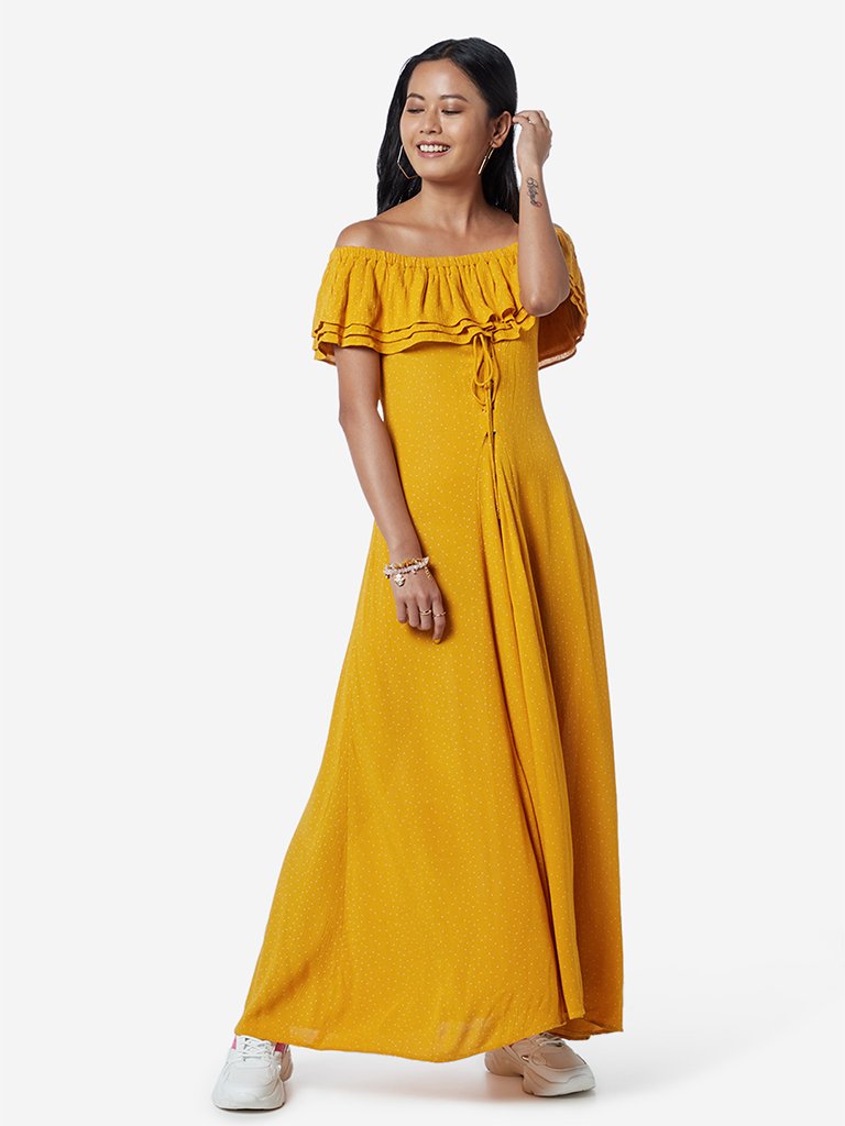 Nuon Mustard Dotted Off-Shoulder Dibella Dress