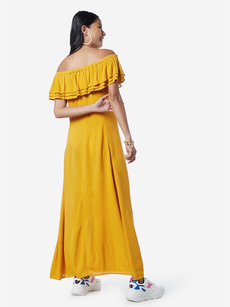 Nuon Mustard Dotted Off-Shoulder Dibella Dress