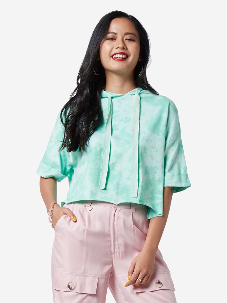 Nuon Green Tie-Dye Print Hooded Cropped T-Shirt