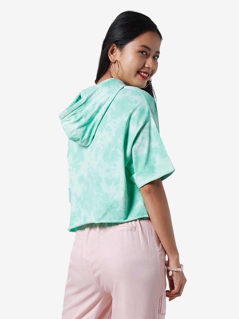 Nuon Green Tie-Dye Print Hooded Cropped T-Shirt