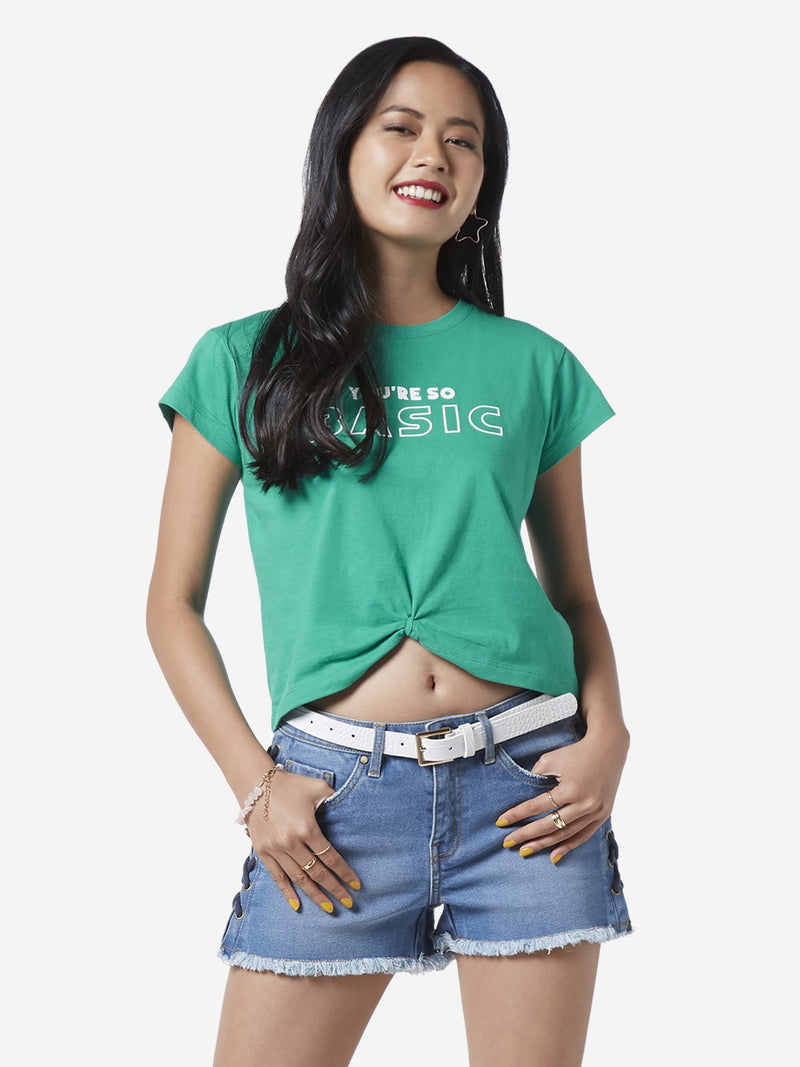 Nuon Green Text Pattern Cropped T-Shirt