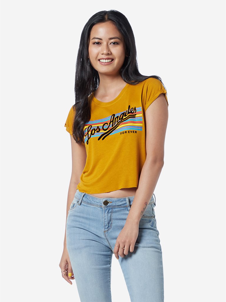 Nuon Mustard Typographic Olix Cropped T-Shirt