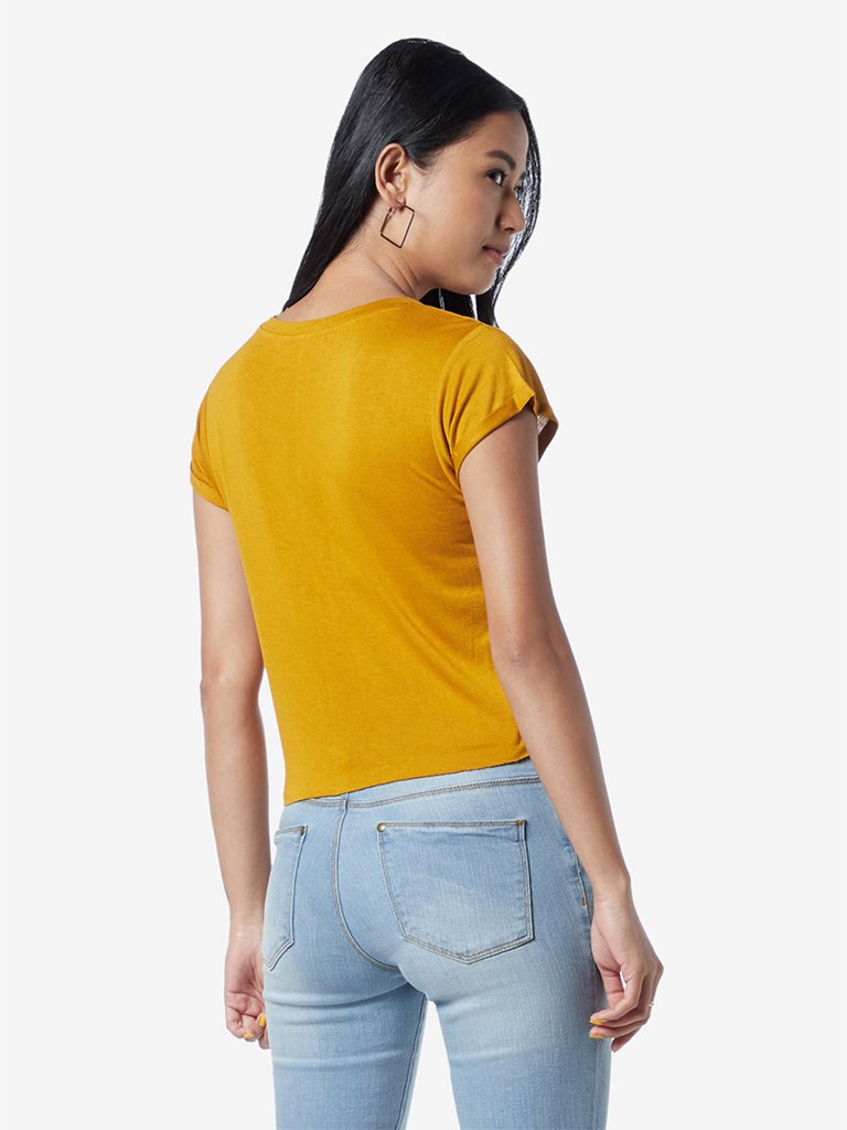 Nuon Mustard Typographic Olix Cropped T-Shirt