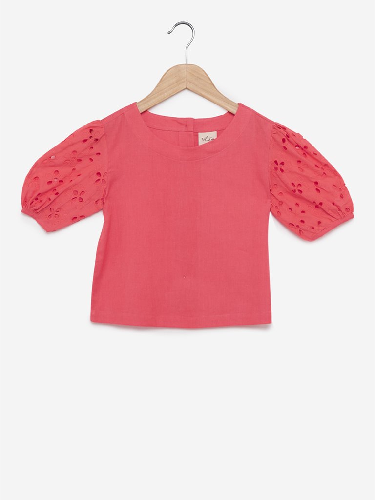 Utsa Kids Coral Broderie Anglaise Puffed Sleeves Top