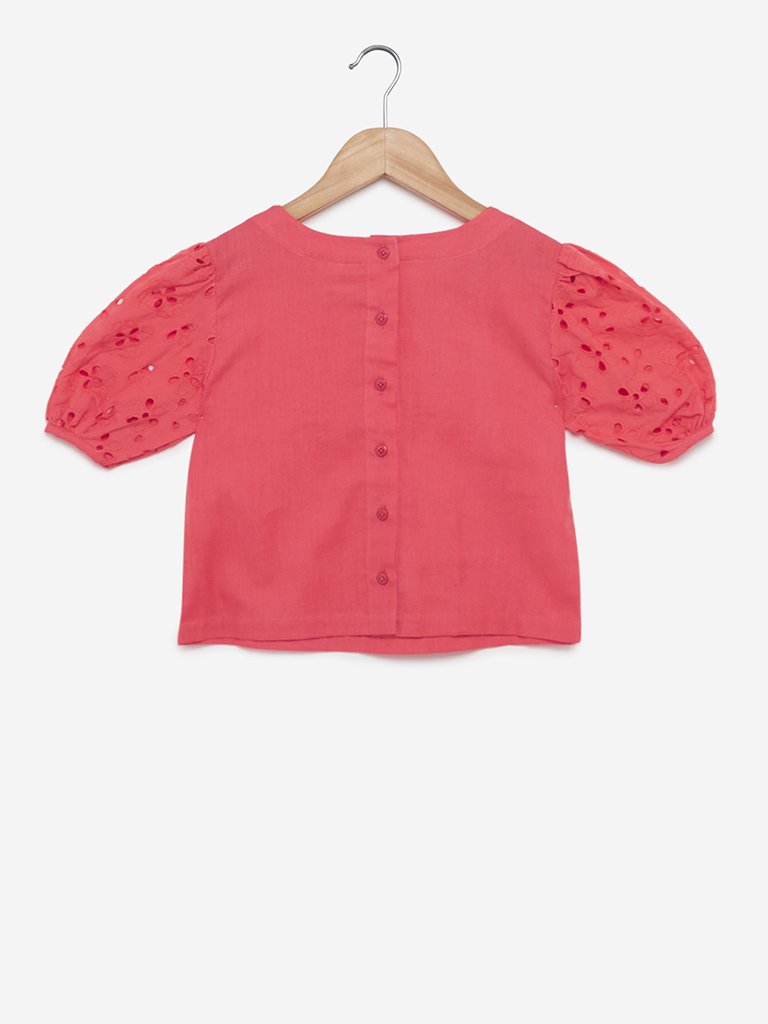 Utsa Kids Coral Broderie Anglaise Puffed Sleeves Top