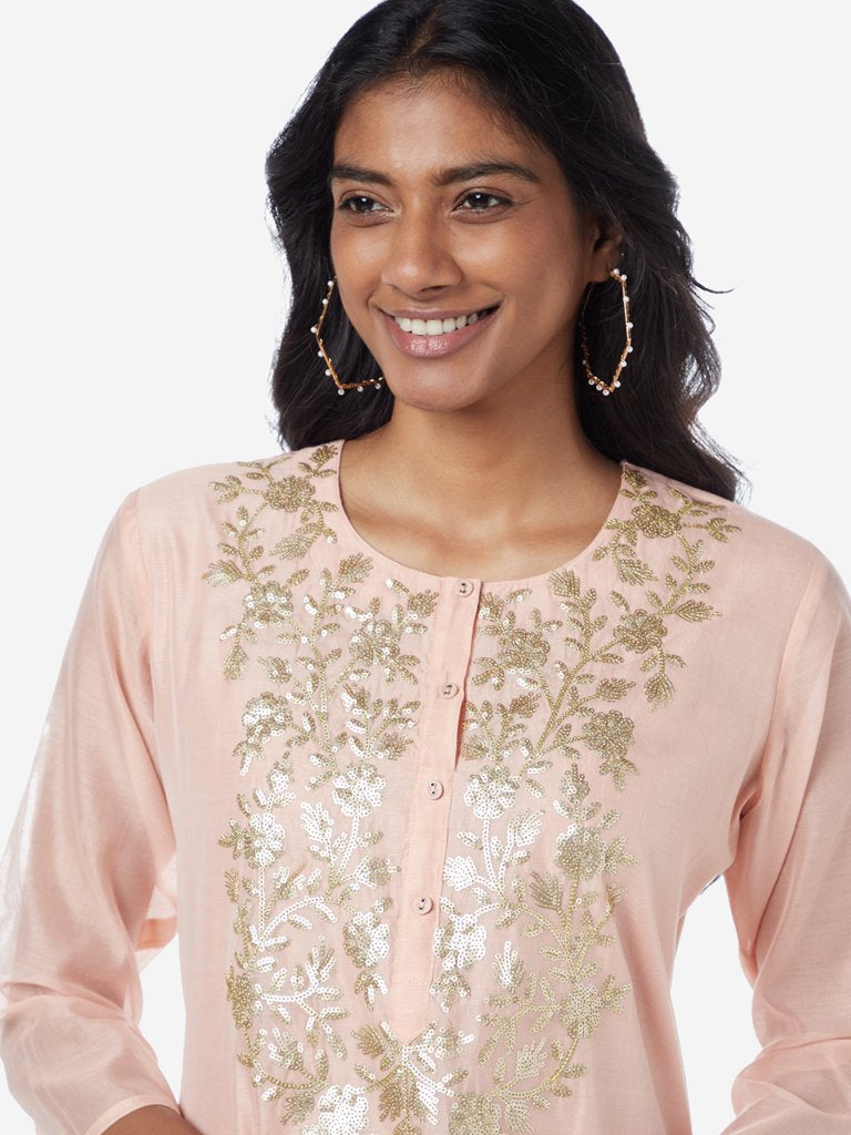 Vark Peach Embroidered Kurta and Sharara Set
