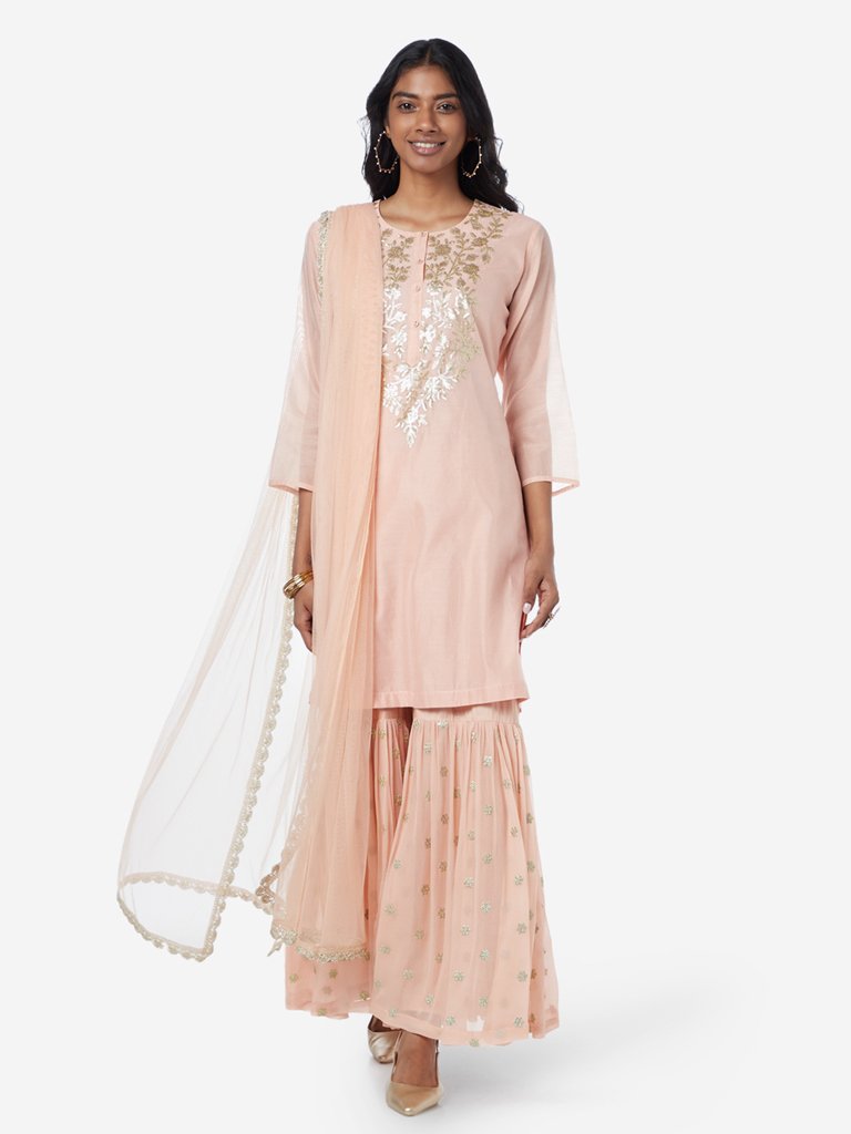Vark Peach Embroidered Kurta and Sharara Set