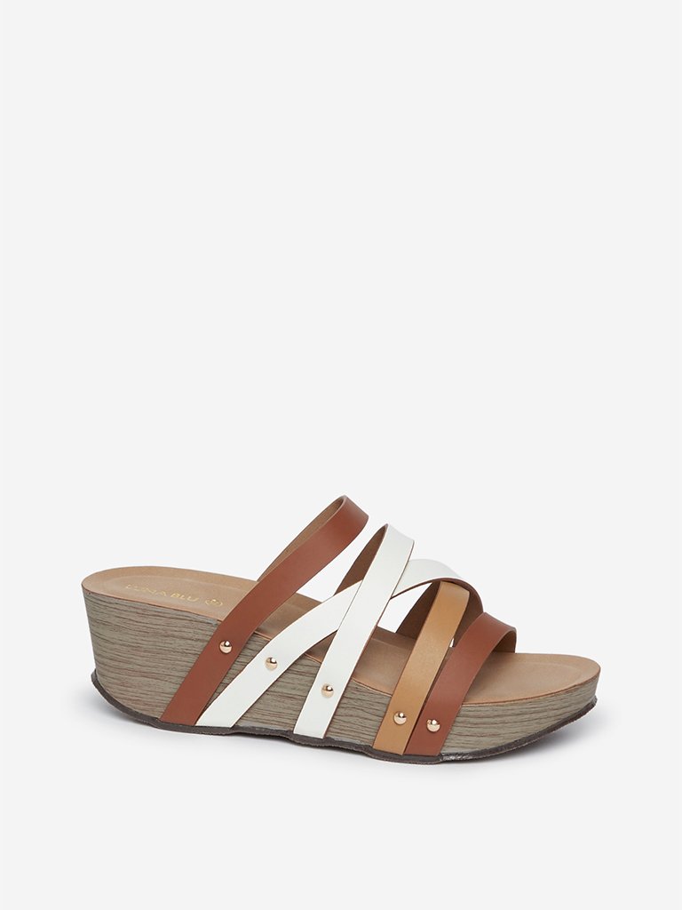 LUNA BLU Tan Criss-Cross Strap Wedge Sandals