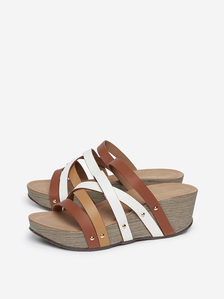 LUNA BLU Tan Criss-Cross Strap Wedge Sandals