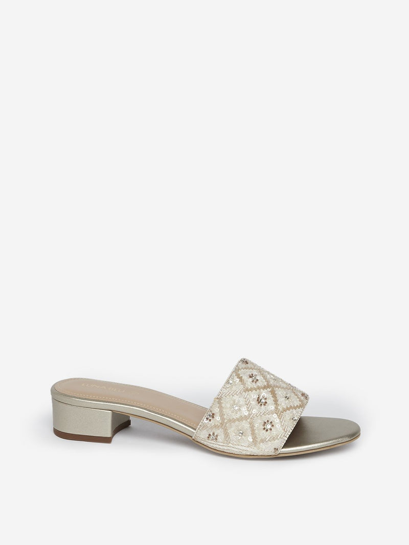 LUNA BLU Off White Beaded Block-Heel Sandals