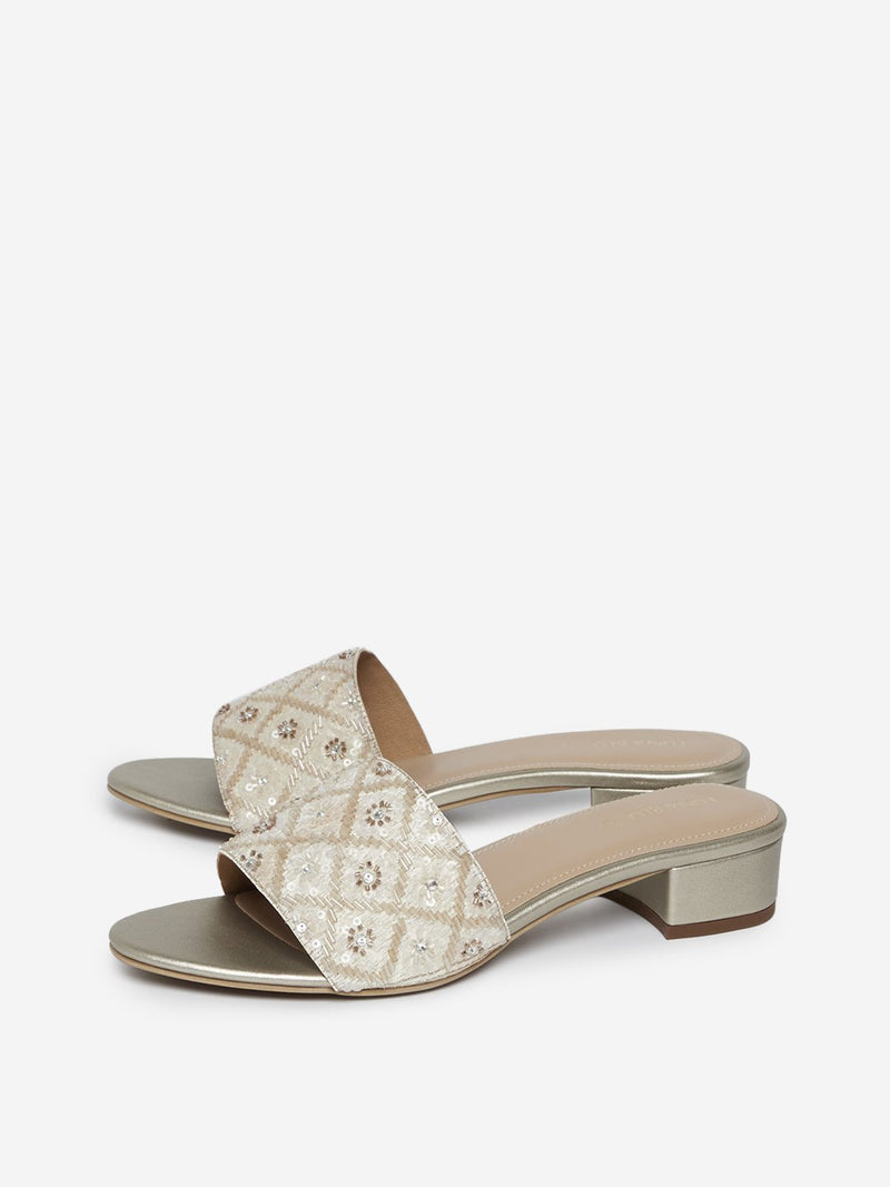 LUNA BLU Off White Beaded Block-Heel Sandals