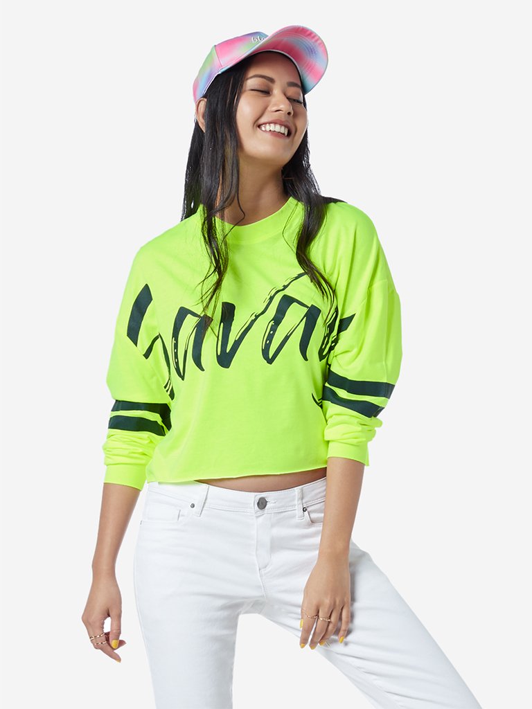 Nuon Neon Green Text Print Cropped T-Shirt