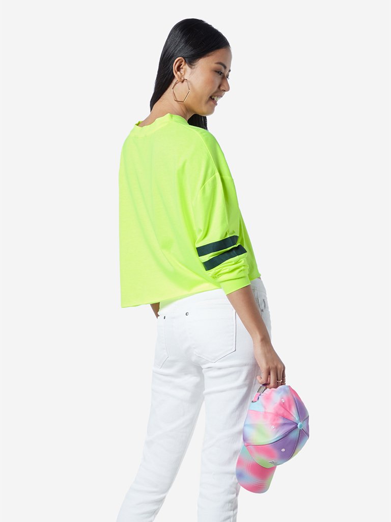 Nuon Neon Green Text Print Cropped T-Shirt