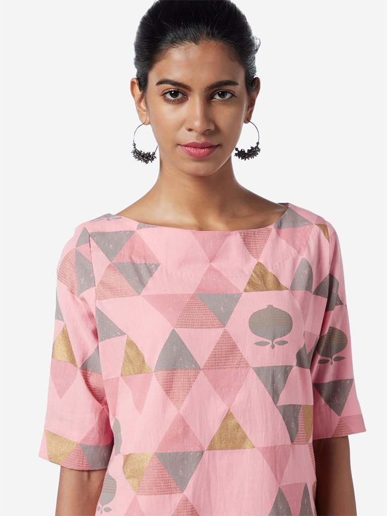 Utsa Blush Pink Triangle Print A-line Kurta