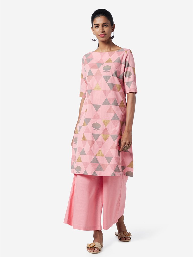 Utsa Blush Pink Triangle Print A-line Kurta