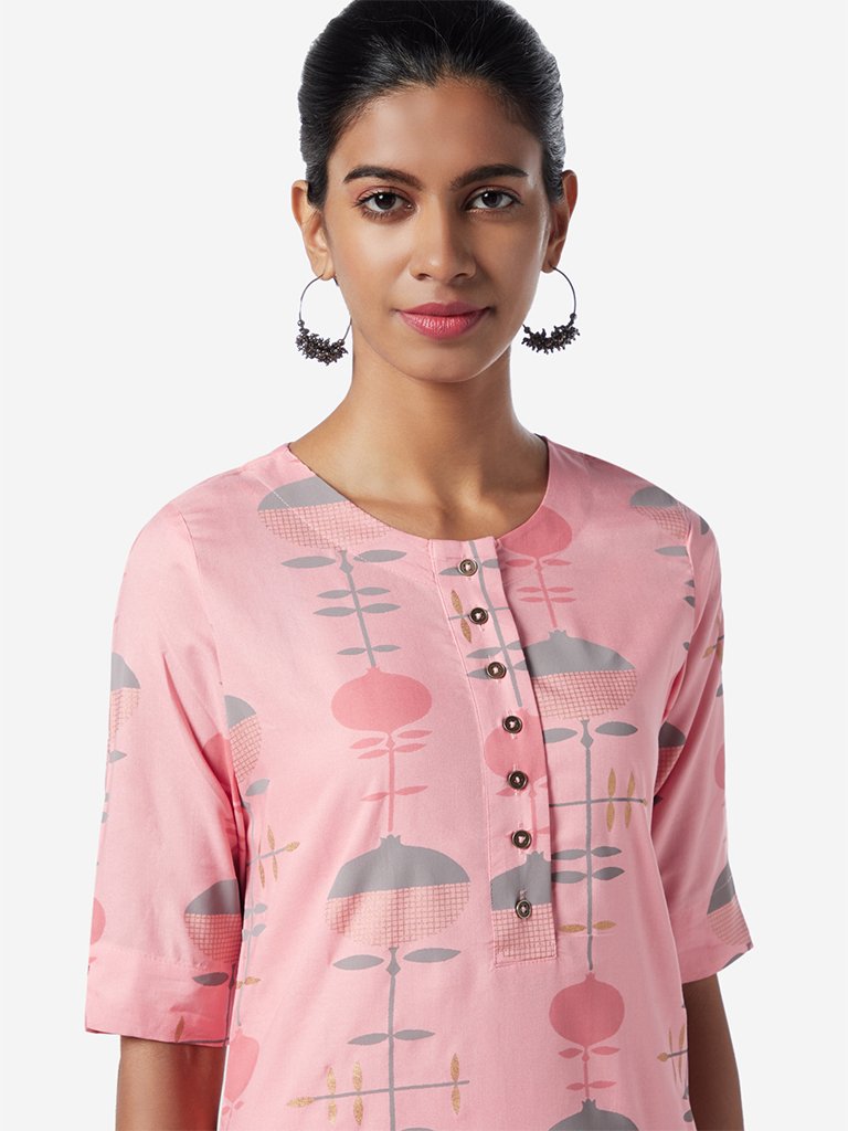 Utsa Blush Pink Printed High-Low Kurta