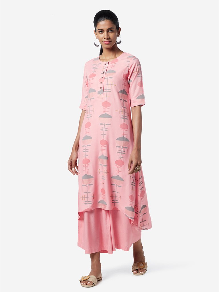 Utsa Blush Pink Printed High-Low Kurta